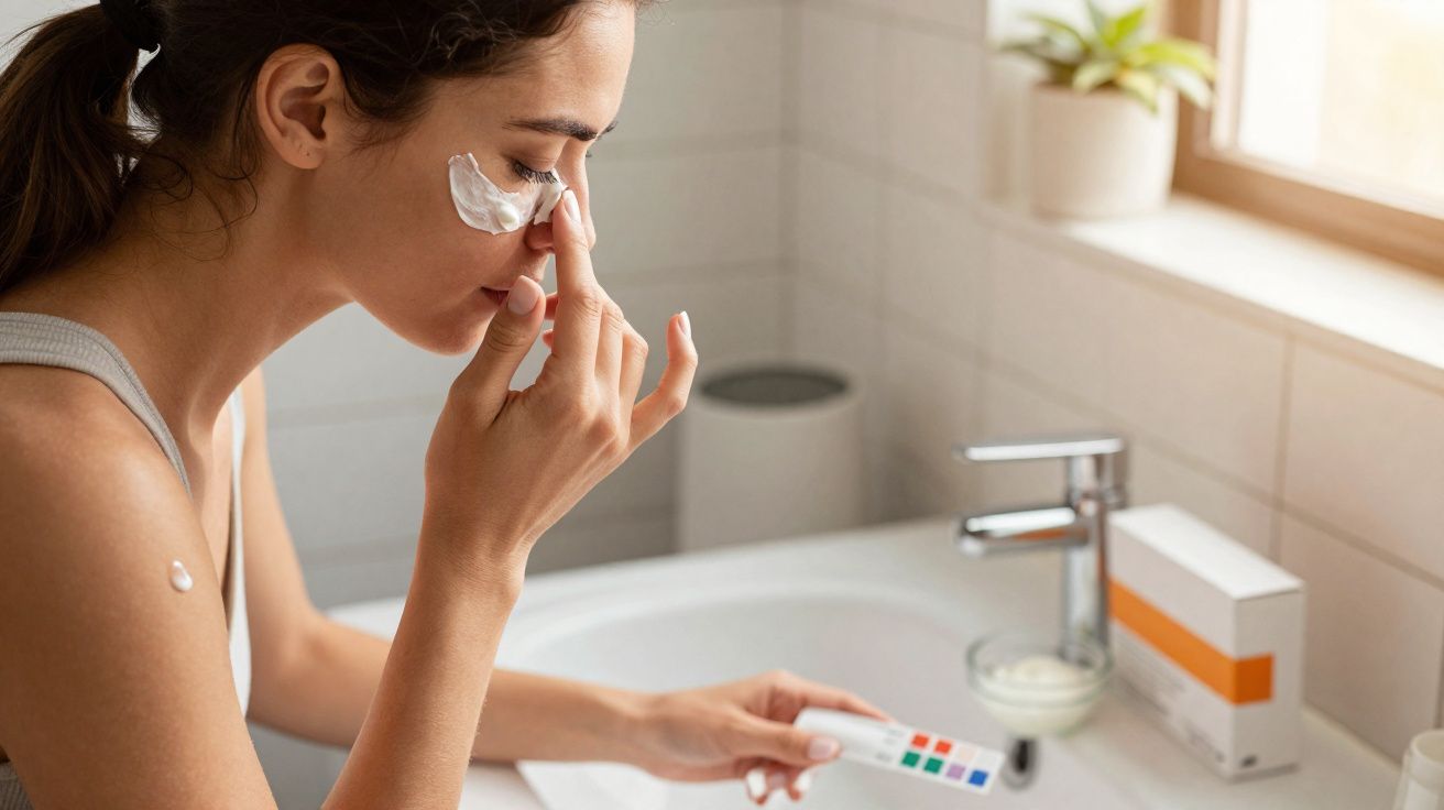 Mulher aplicando creme facial ao lado da pia do banheiro, segurando uma fita de teste em ambiente iluminado.