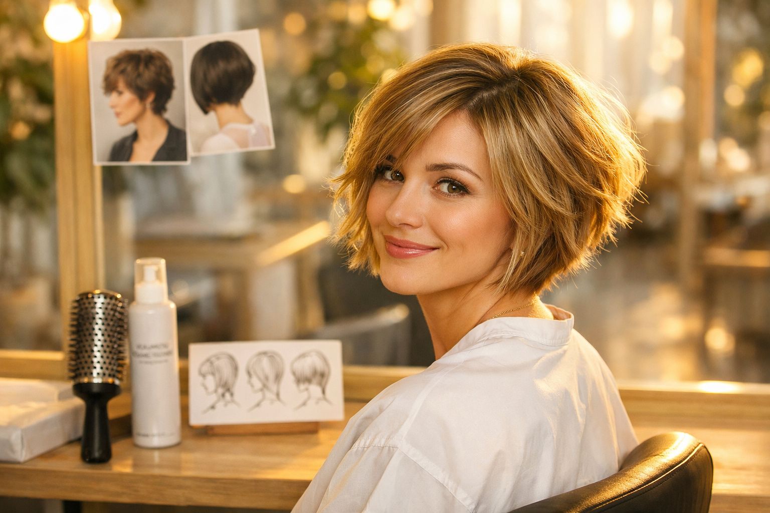 Mulher com cabelo curto e loiro, sorrindo sentada em salão de beleza com espelho e produtos ao fundo.