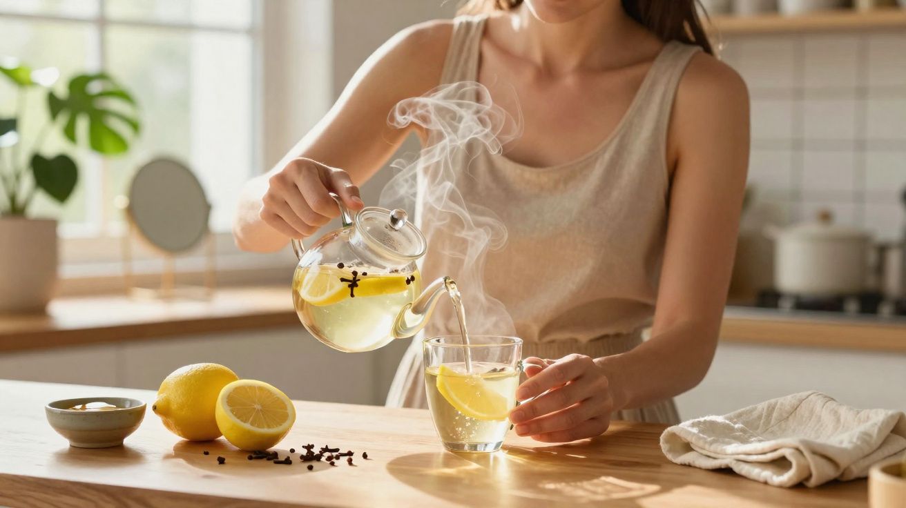 Mulher derramando chá de limão quente em copo na cozinha iluminada pelo sol.