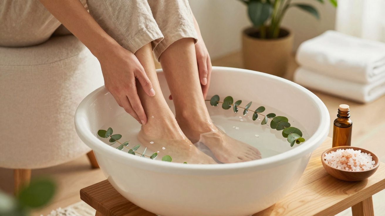 Pés femininos imersos em bacia branca com água e folhas verdes, ao lado sal de banho e óleo essencial.