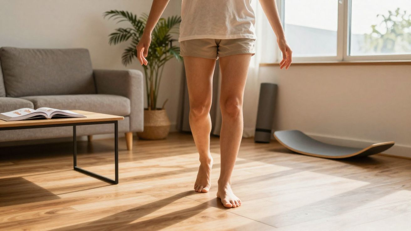 Pessoa descalça caminhando em sala iluminada com sofá, mesa com livro, planta e janela ao fundo.