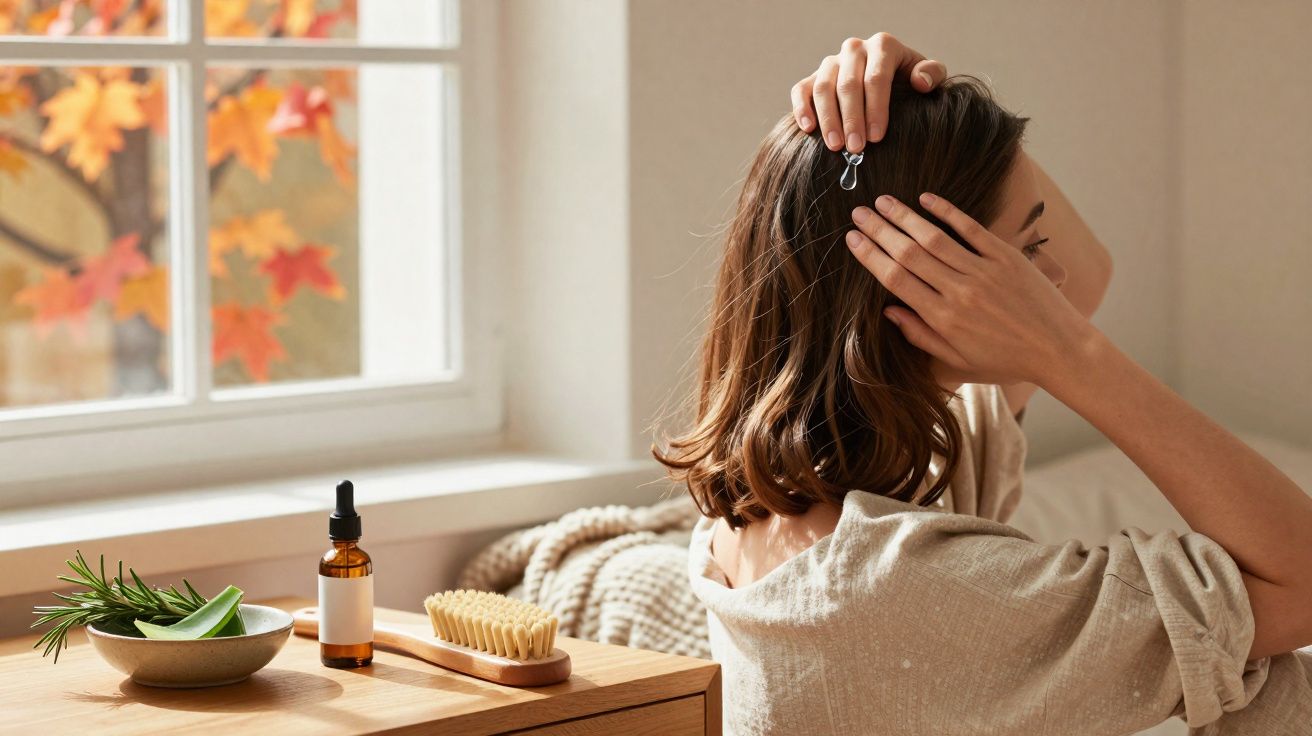 Mulher arrumando o cabelo com presilha ao lado de janela e produtos naturais sobre mesa de madeira.