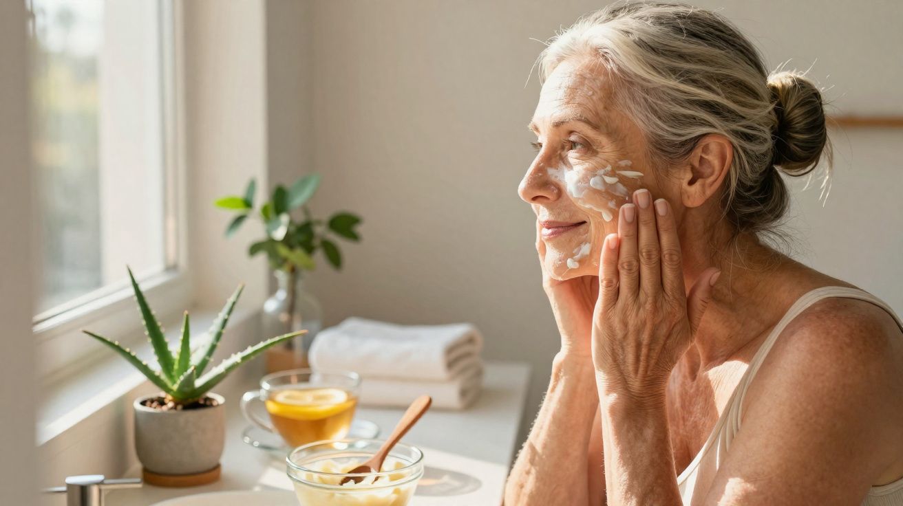 Mulher idosa aplicando creme no rosto em ambiente iluminado, com planta, chá e toalha ao fundo.