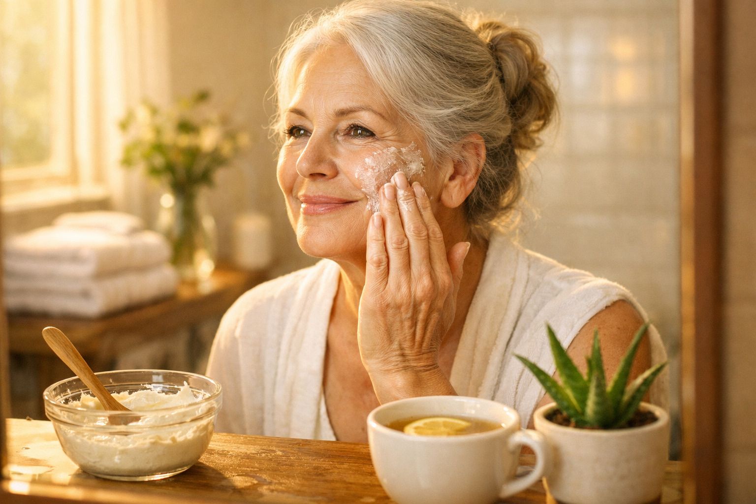 Mulher idosa aplicando máscara facial caseira sorrindo em ambiente acolhedor com plantas e chá.