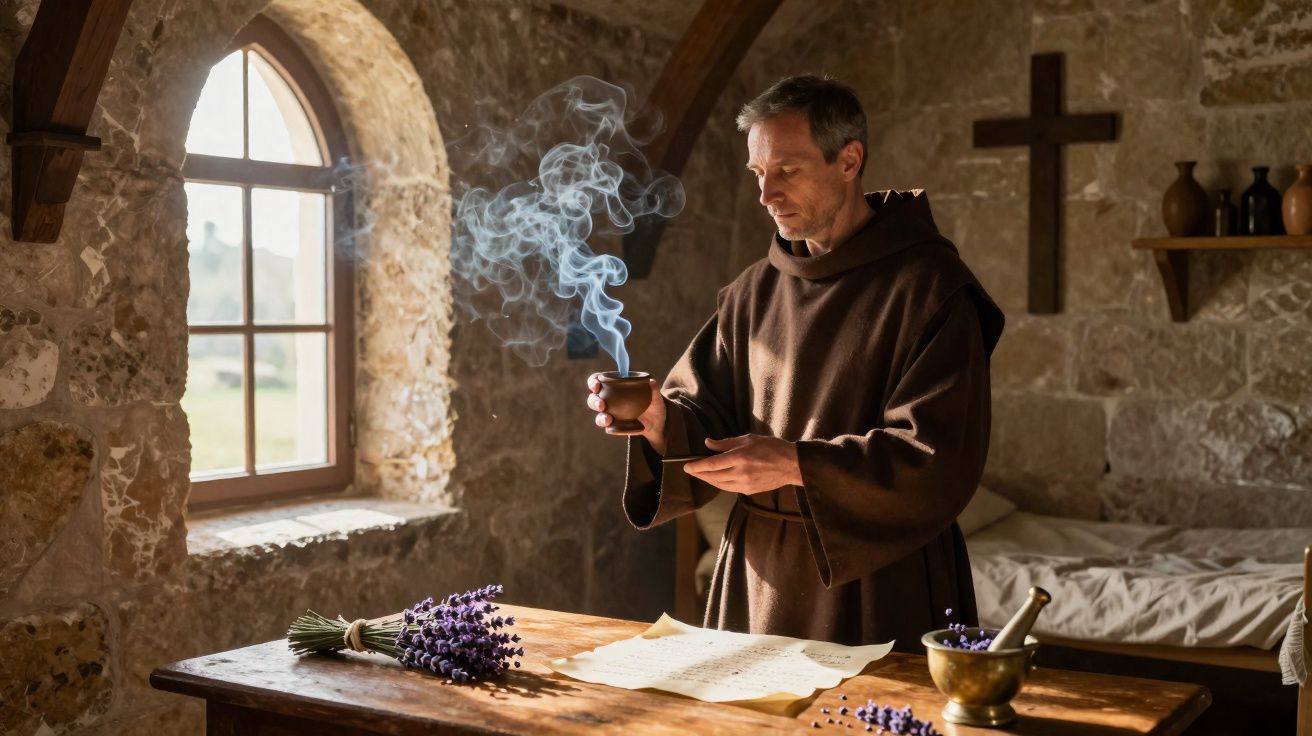 Monge em ambiente rústico segurando recipiente com fumaça, mesa com flores de lavanda e pergaminhos, cruz na parede.