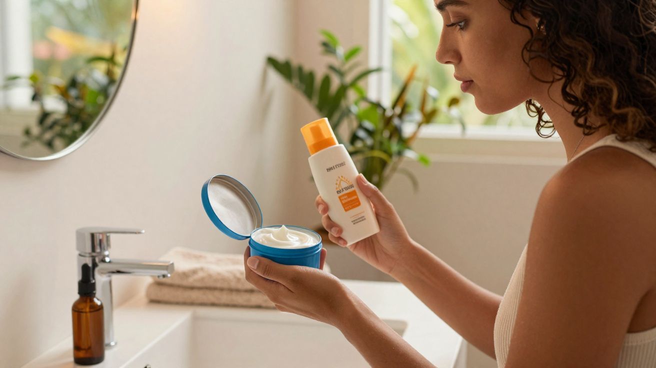 Mulher segurando creme facial em pote aberto e frasco de protetor solar no banheiro.