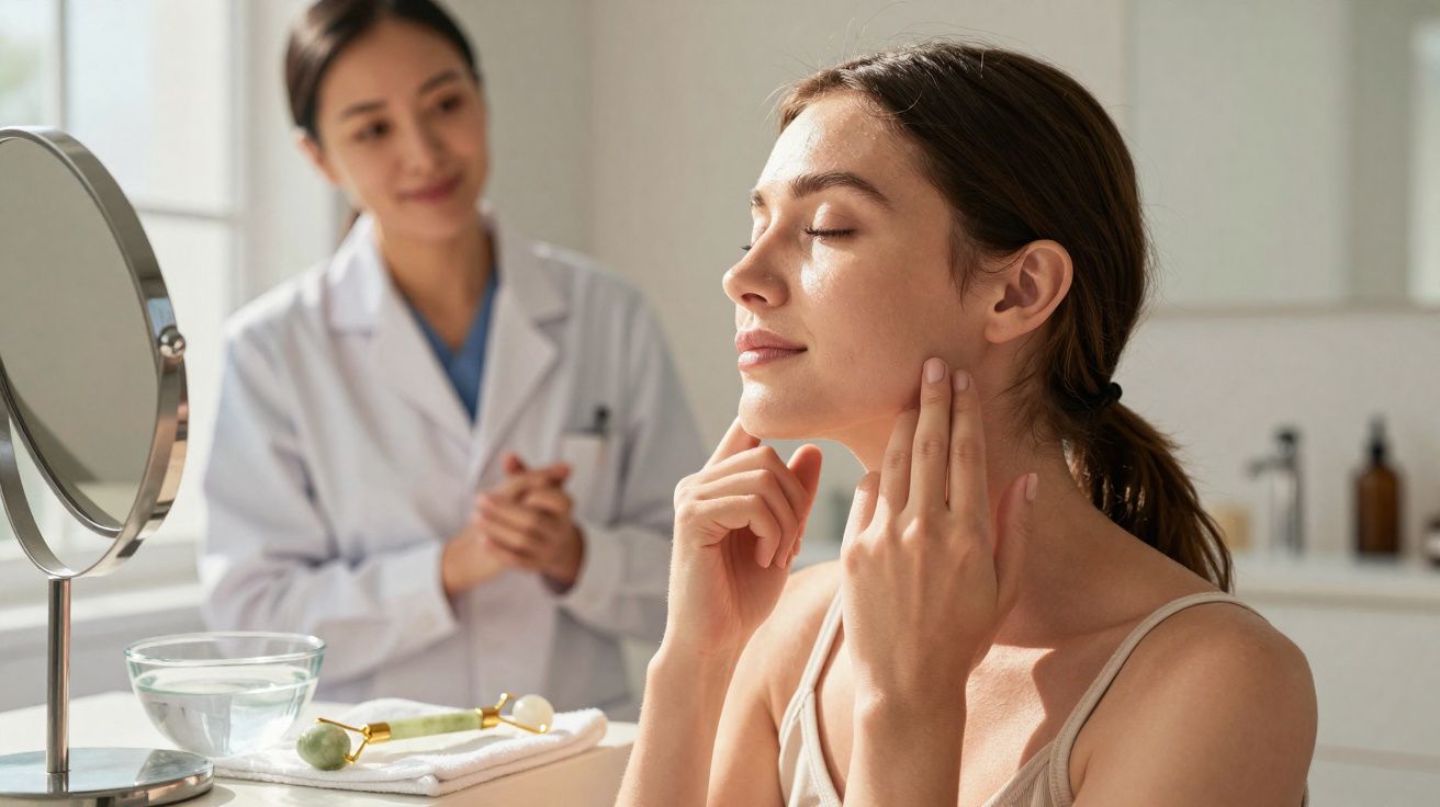Mulher aplicando creme facial enquanto médica observa em ambiente clínico iluminado.