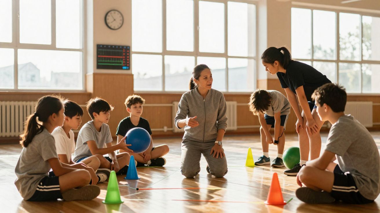Professora orienta grupo de crianças com bolas e cones em aula de educação física na quadra escolar.