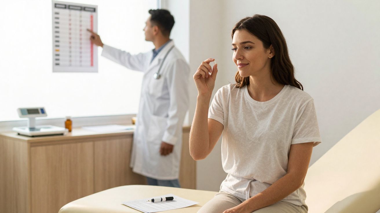 Paciente realizando exame de visão com médico apontando tabela ocular em consultório clínico.