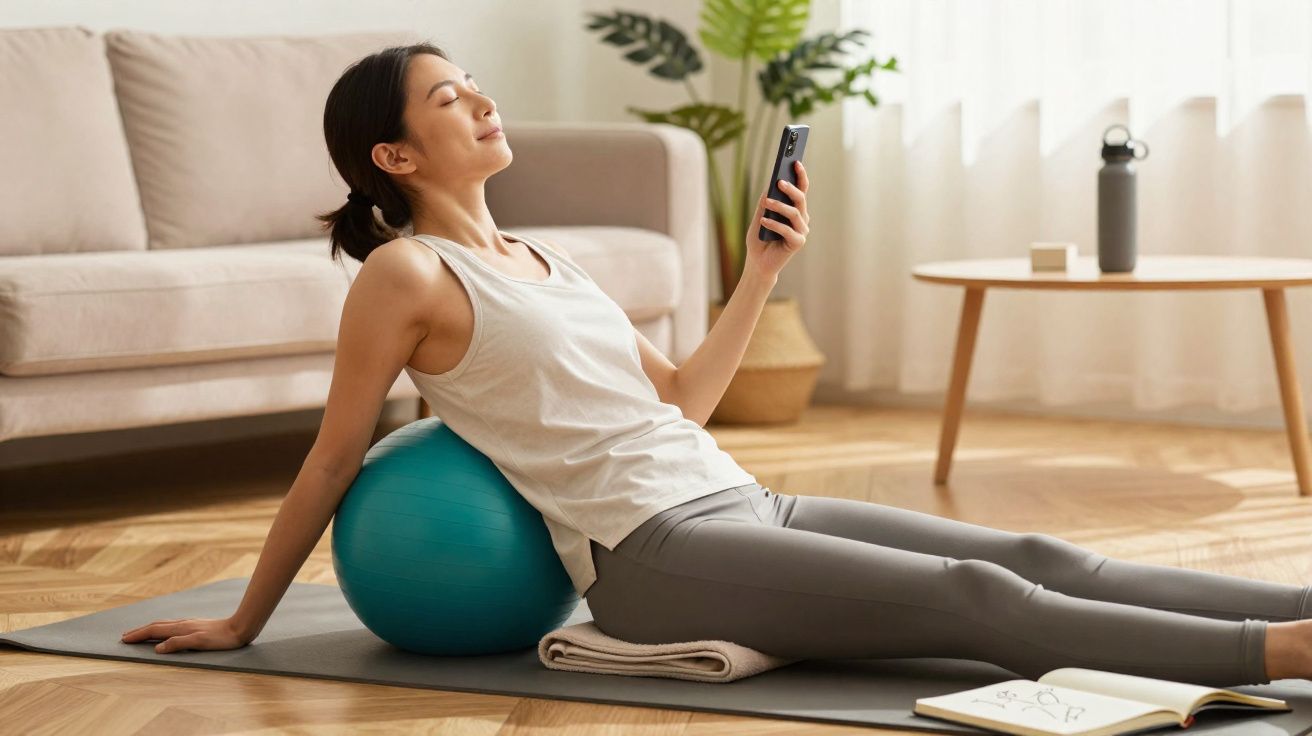 Mulher relaxando com bola de exercício nas costas, segurando celular em sala iluminada.