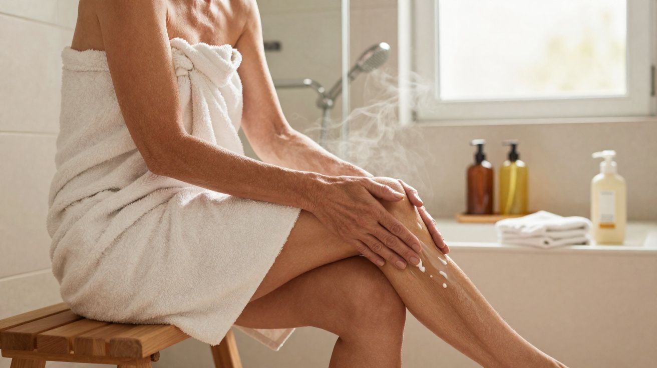 Mulher sentada em banco de madeira aplicando creme nas pernas em banheiro iluminado após banho.
