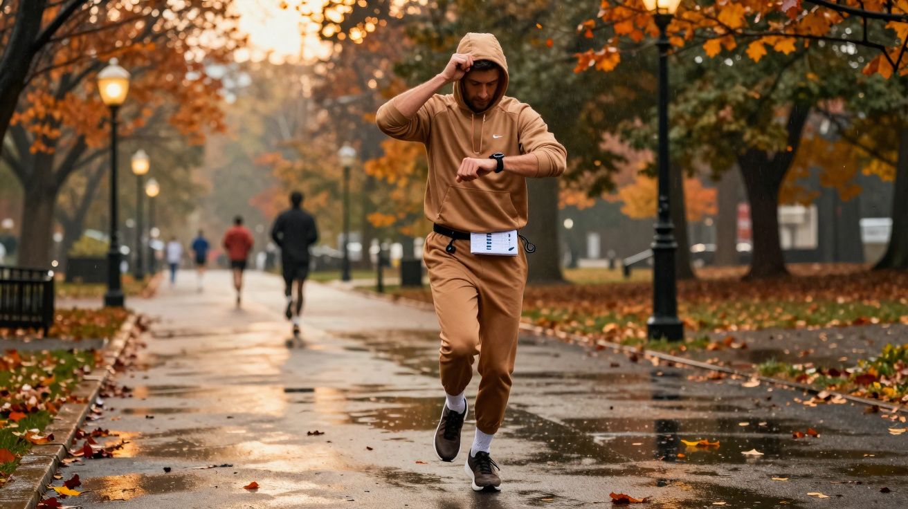 Homem com roupa marrom correndo em parque úmido no outono enquanto verifica relógio no pulso.