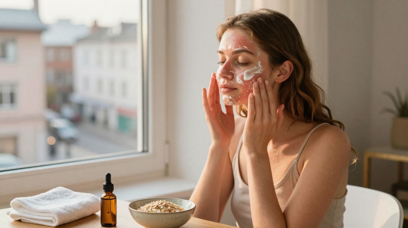 Jovem aplicando máscara facial caseira de aveia e creme perto da janela em ambiente iluminado.