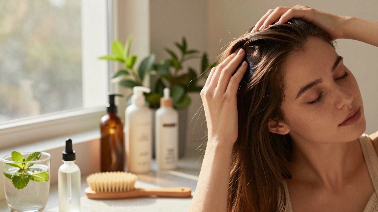 Mulher com olhos fechados cuidando do cabelo em ambiente iluminado com produtos e planta ao fundo.