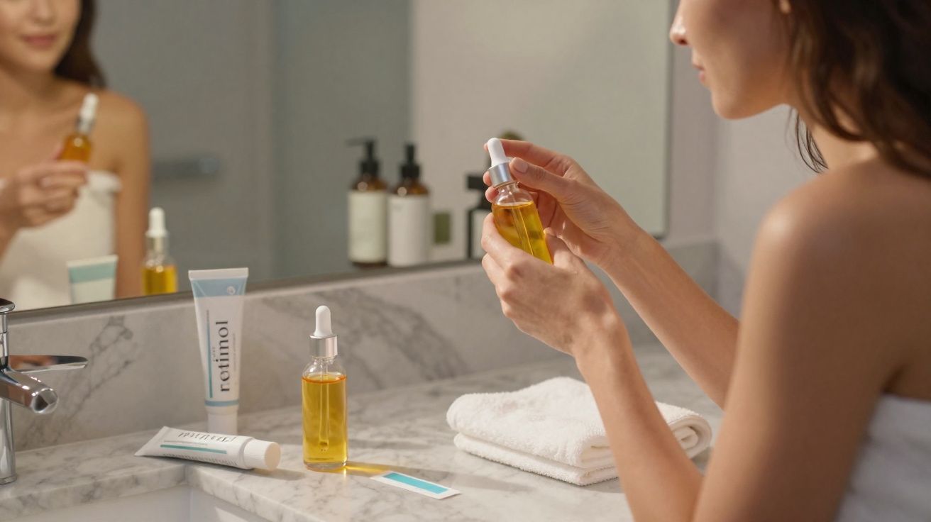 Mulher segurando frasco de óleo facial em banheiro com produtos de skincare sobre bancada de mármore.