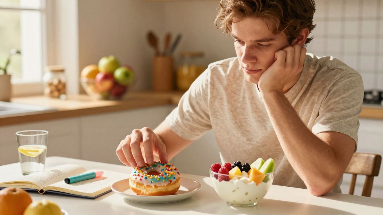 Jovem pensativo na cozinha escolhe entre donut colorido e tigela de frutas frescas.