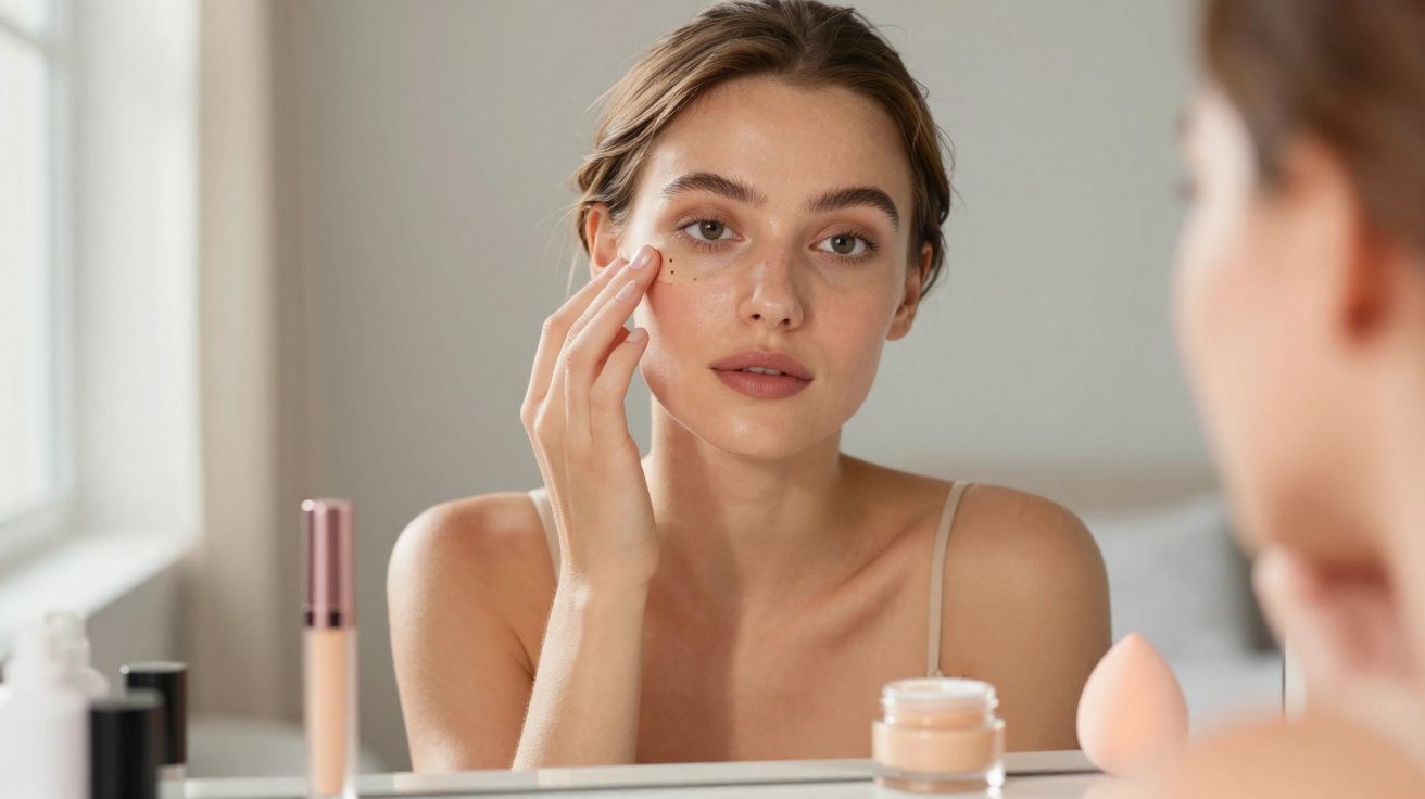 Mulher jovem aplicando creme ao redor dos olhos em frente ao espelho no banheiro.