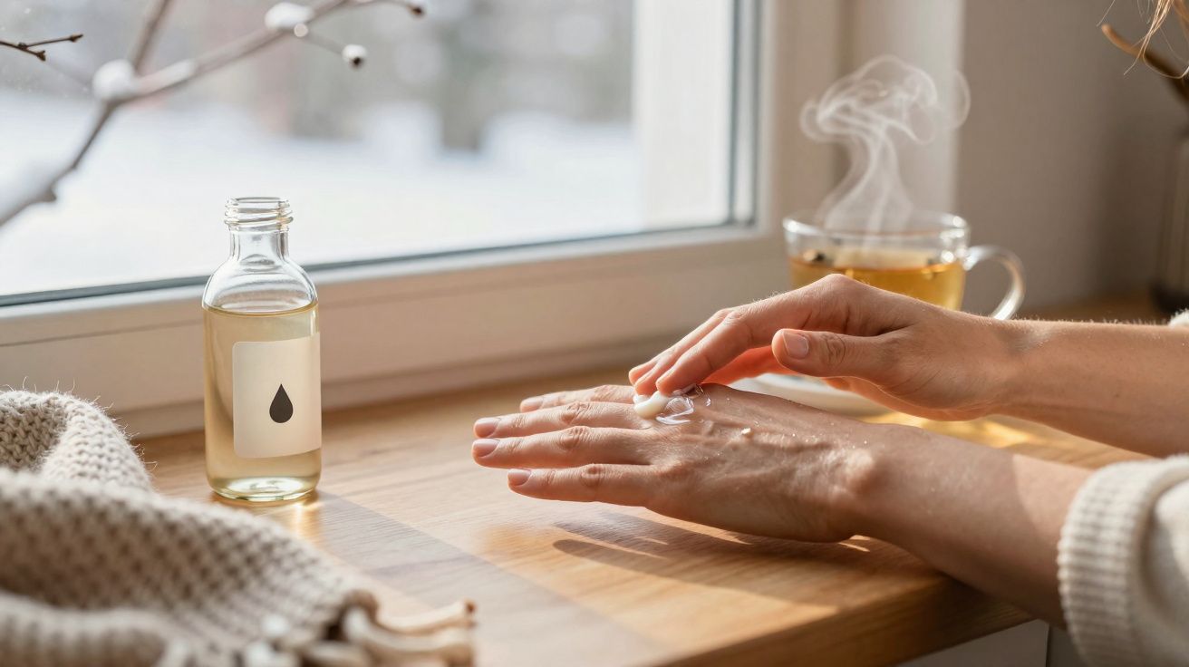 Pessoa aplicando creme nas mãos sobre mesa com garrafa de óleo, xícara de chá e janela ao fundo.