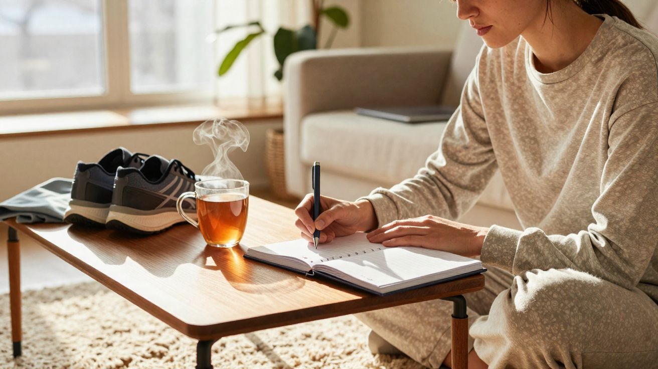 Pessoa escrevendo em caderno ao lado de xícara de chá quente sobre mesa baixa em ambiente iluminado.