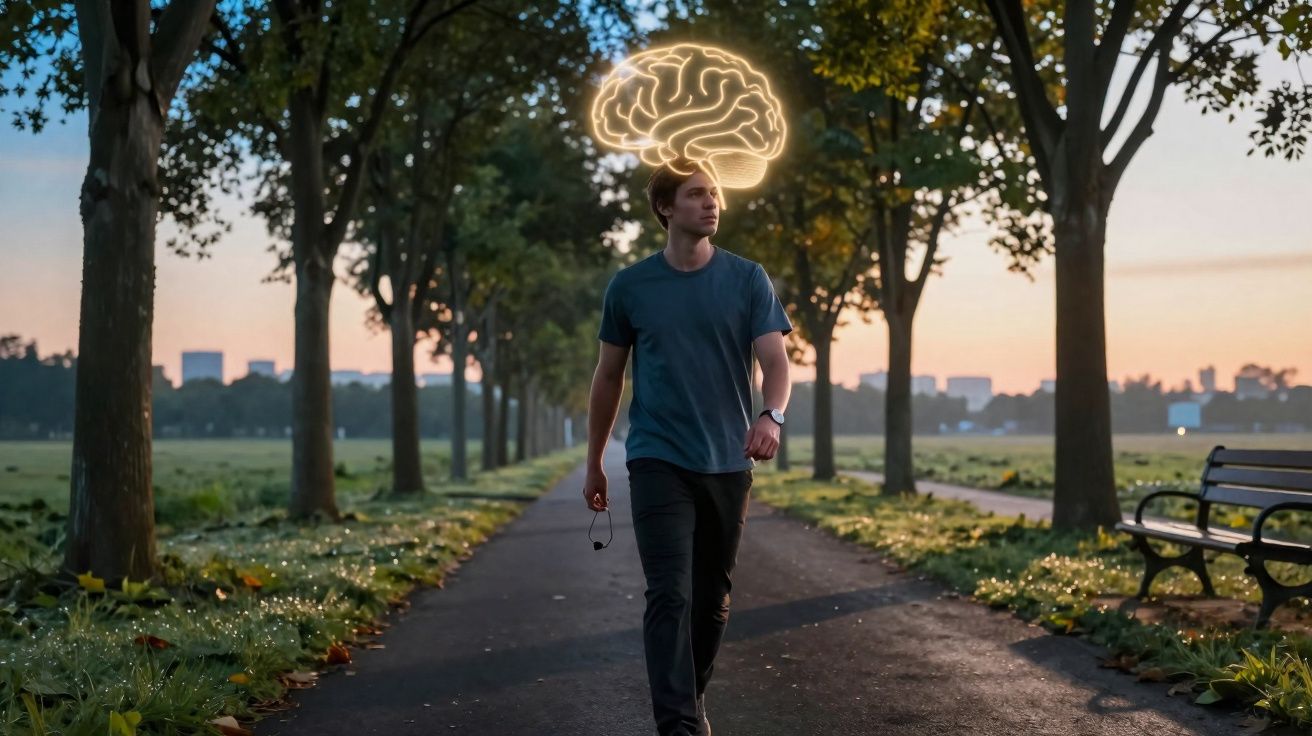 Homem caminhando ao ar livre com ilustração de cérebro iluminado acima da cabeça ao pôr do sol.