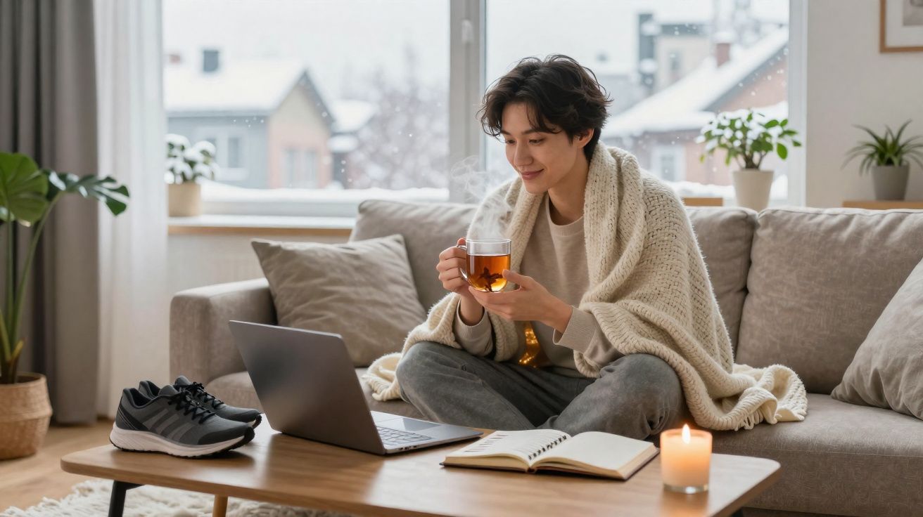 Pessoa sentada no sofá com cobertor, segurando chá e olhando para o laptop em ambiente aconchegante.