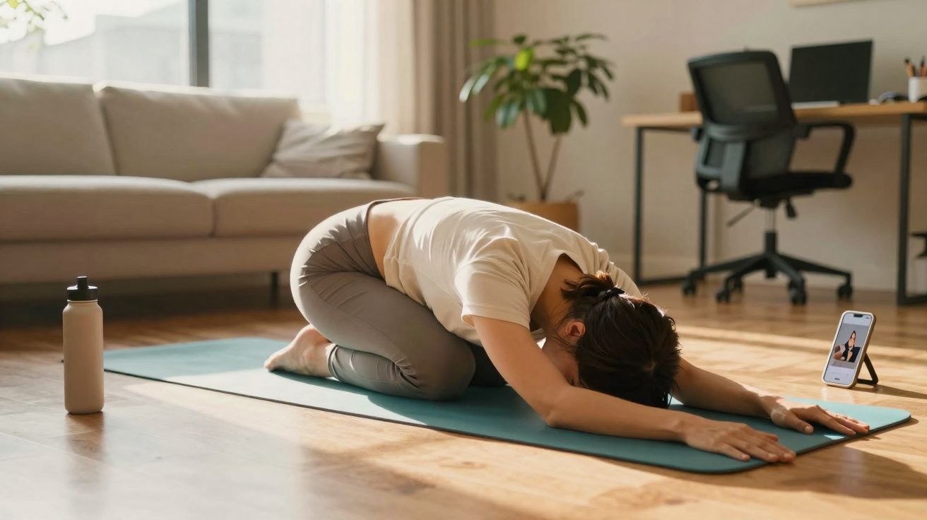 Mulher fazendo alongamento no tapete de yoga em sala com garrafa e celular ao lado.
