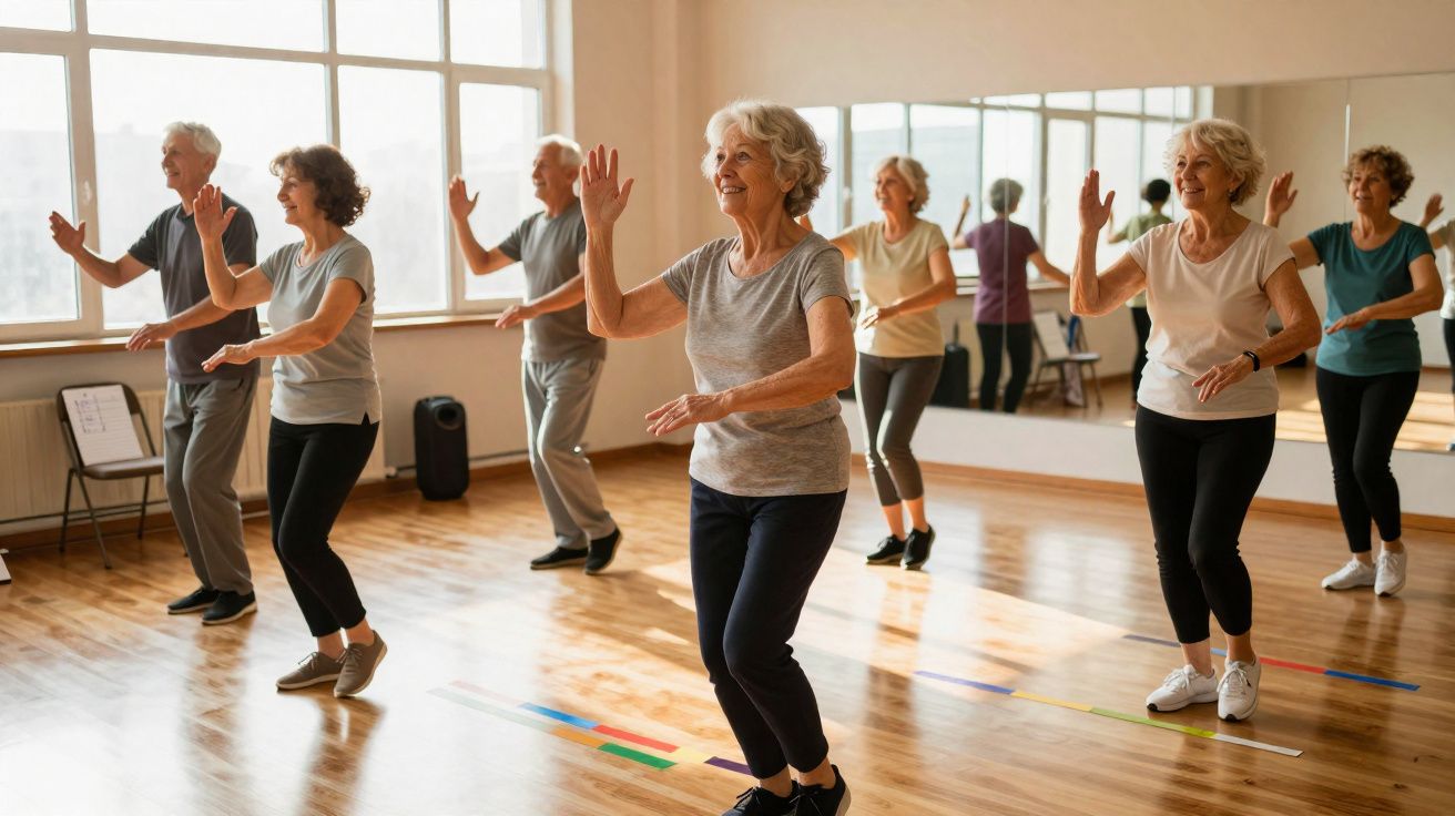Grupo de idosos praticando dança em estúdio com espelhos e piso de madeira.