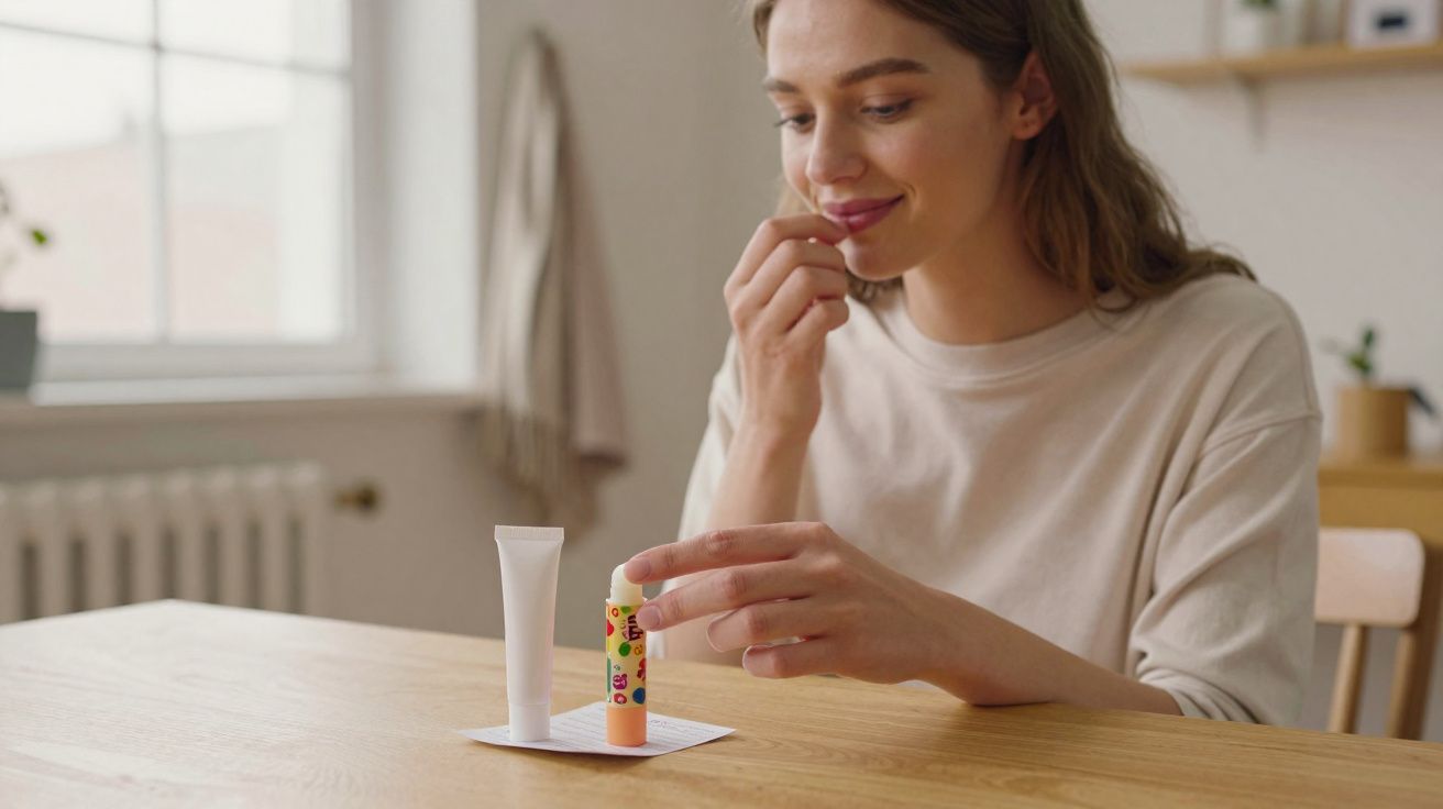 Mulher aplicando bálsamo labial em ambiente doméstico, com produtos sobre a mesa de madeira.