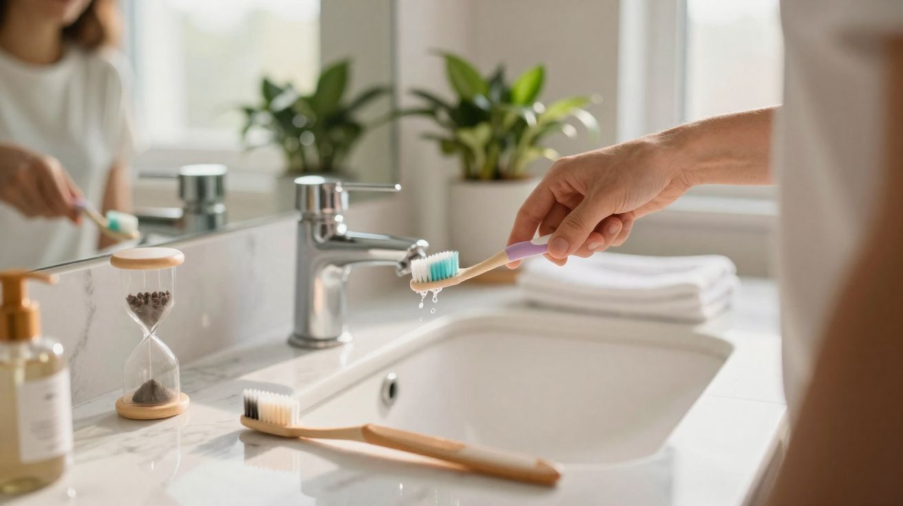 Pessoa segurando escova de dente molhada sobre pia de banheiro com duas escovas e ampulheta.