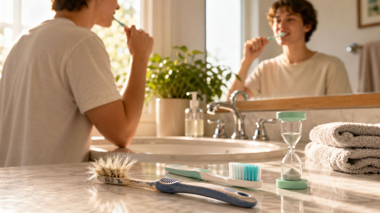 Pessoa escova os dentes em banheiro com espelho, toalhas, ampulheta, planta e escovas no balcão.