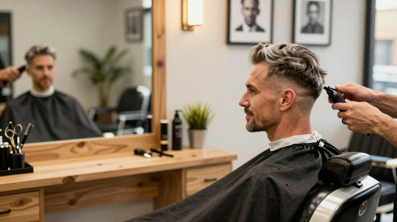 Homem loiro com cabelo grisalho recebendo corte de cabelo em barbearia moderna com espelho e decoração elegante.