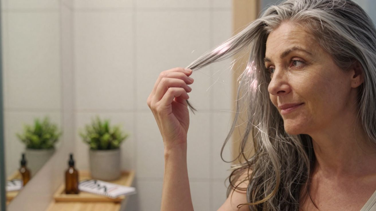 Mulher de cabelos grisalhos observando seu cabelo no espelho do banheiro.