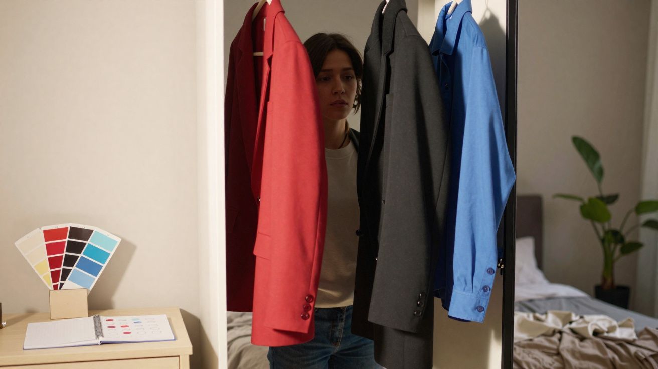 Mulher olhando roupas vermelha, preta e azul penduradas na porta de espelho em quarto.