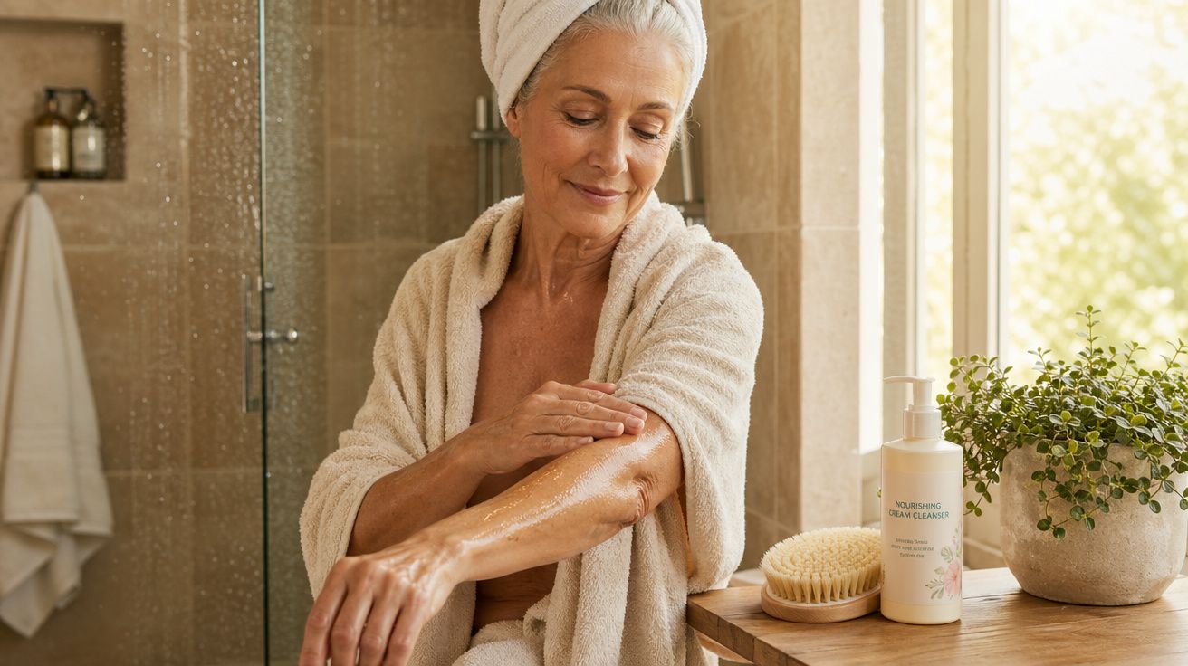 Mulher madura, de toalha e roupão, aplicando hidratante no braço em banheiro iluminado, com planta e escova.