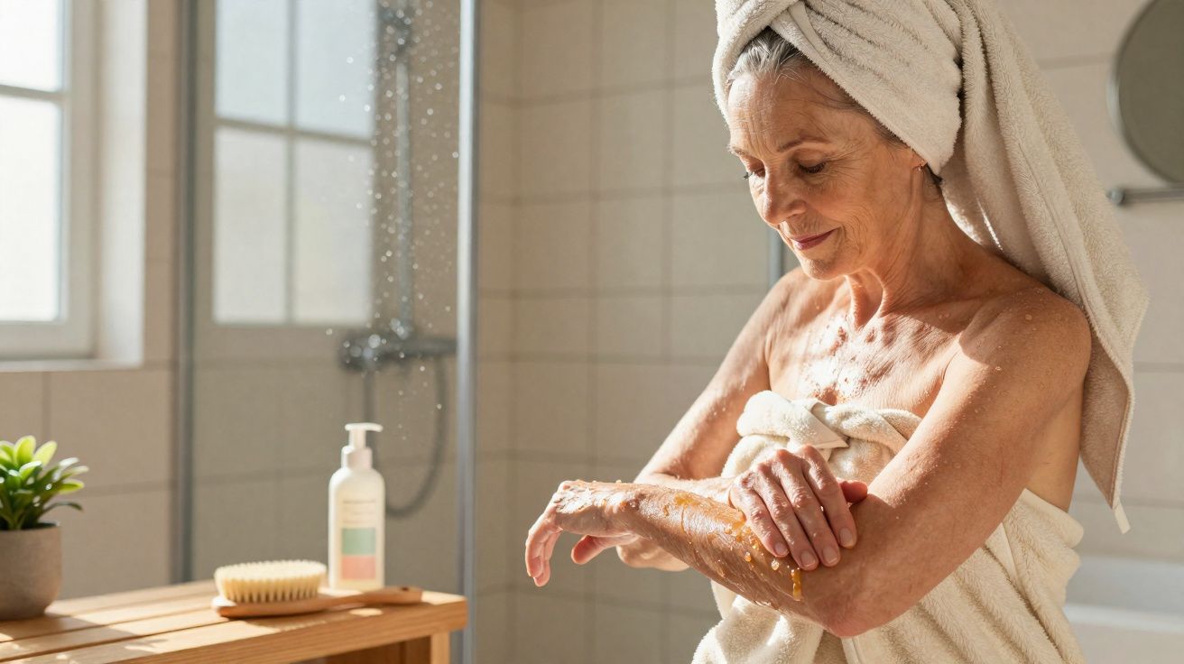 Mulher idosa aplicando hidratante no braço em banheiro iluminado, com toalha na cabeça e no corpo.