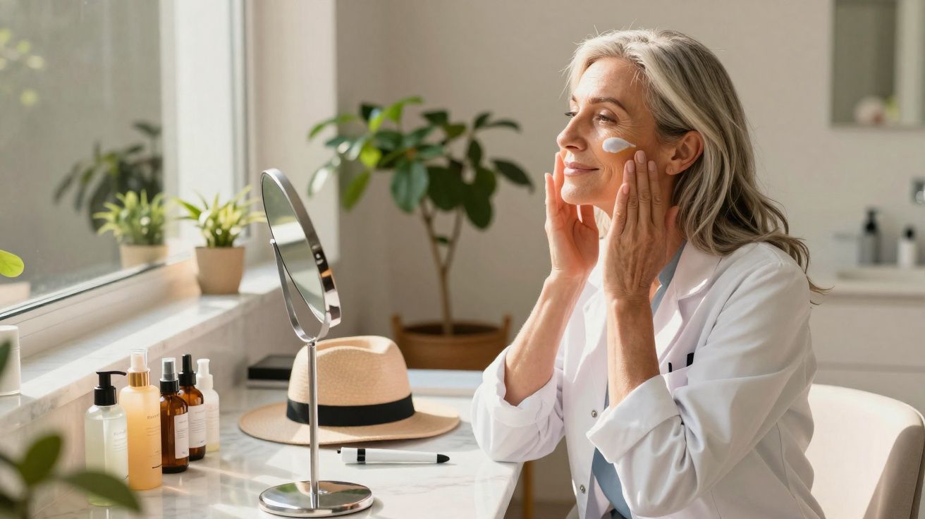 Mulher madura aplicando creme facial em frente ao espelho em banheiro iluminado pela luz natural.