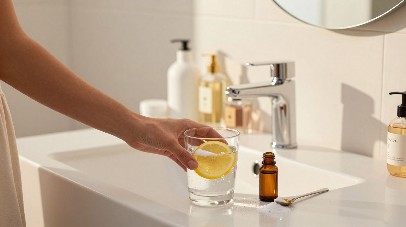 Mão segurando copo com água e fatia de limão ao lado de frasco e colher com pó em pia de banheiro.