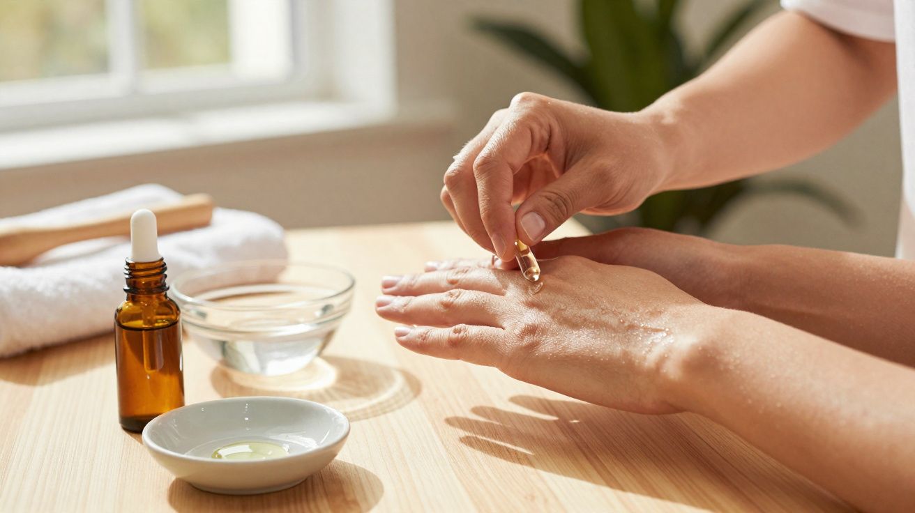 Mãos aplicando óleo ou sérum de frasco com conta-gotas sobre a pele, em ambiente claro e tranquilo.