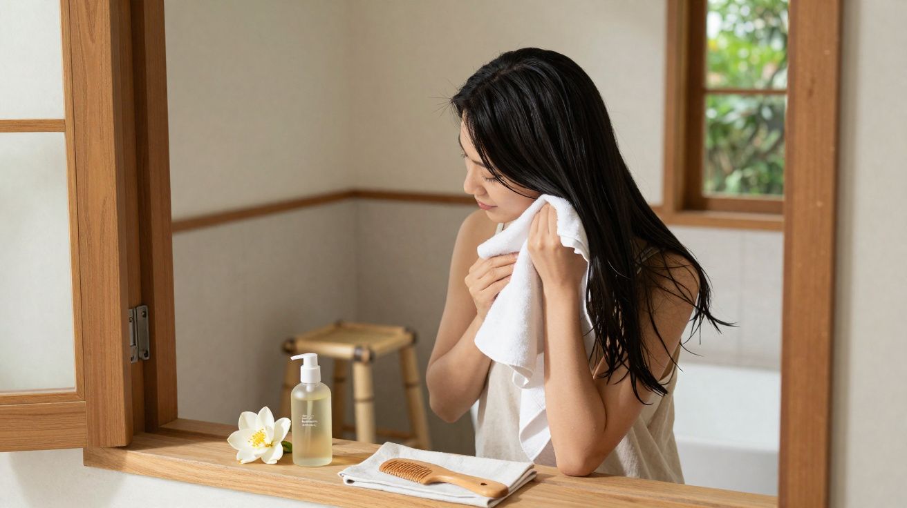 Mulher secando o rosto com toalha branca em banheiro com espelho e produtos de cuidados pessoais.
