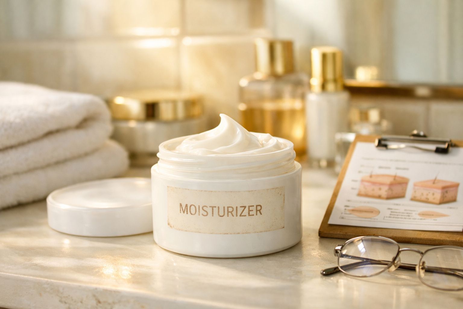 Pote de creme hidratante aberto em bancada com toalhas, frascos dourados e gráfico explicativo ao fundo.