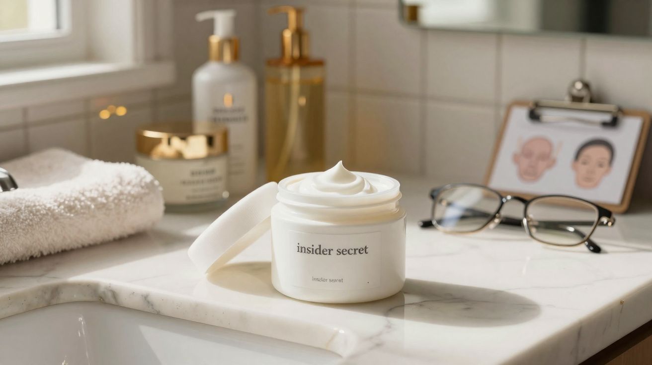 Pote aberto de creme facial Insider Secret sobre bancada, ao lado de toalha, produtos e óculos.