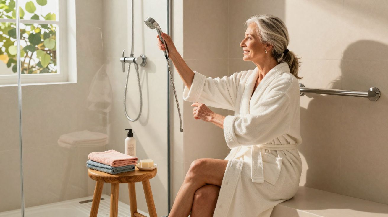 Mulher madura de robe branco ajusta chuveiro em banheiro claro iluminado por janela.