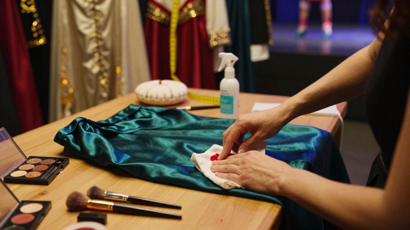 Mãos limpando roupa azul em mesa próxima a pincéis de maquiagem e roupas de figurino penduradas.