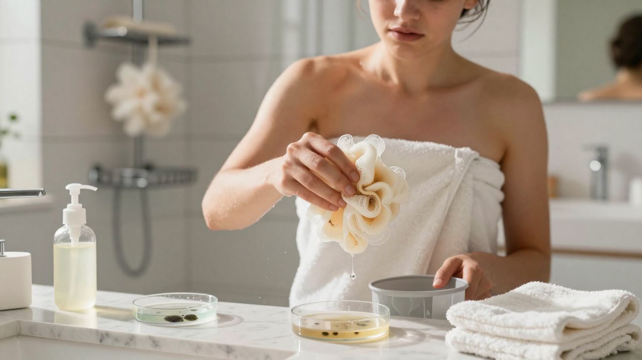 Mulher com toalha no banheiro espremendo esponja sobre bandeja com líquido no balcão de mármore.
