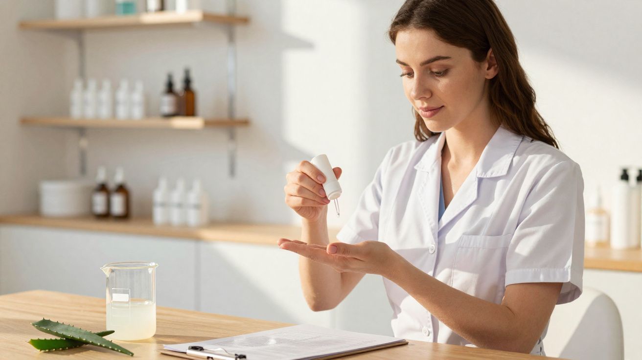 Mulher em jaleco branco aplicando sérum na mão em ambiente clínico com plantas e frascos ao fundo.