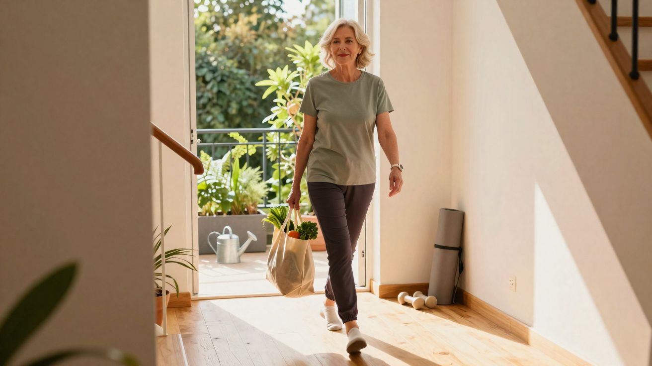 Mulher caminhando em casa com sacola de compras reutilizável contendo legumes frescos.