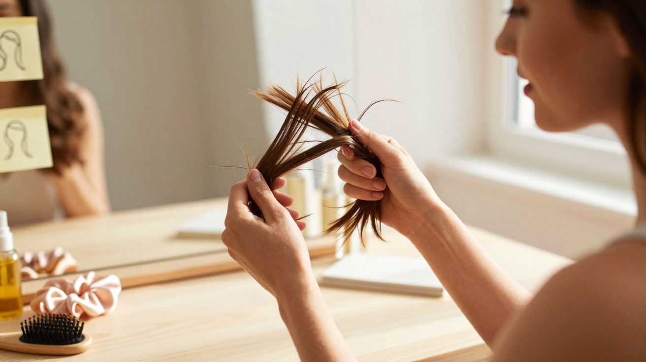 Mulher analisando as pontas do cabelo em frente ao espelho em um ambiente claro e organizado.