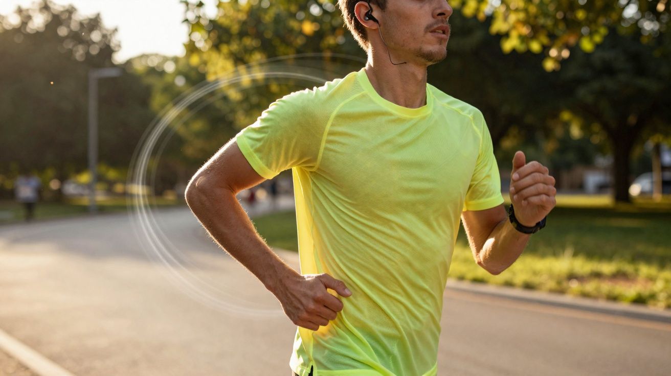 Homem correndo ao ar livre em camiseta amarela e fones de ouvido durante fim de tarde ensolarado.