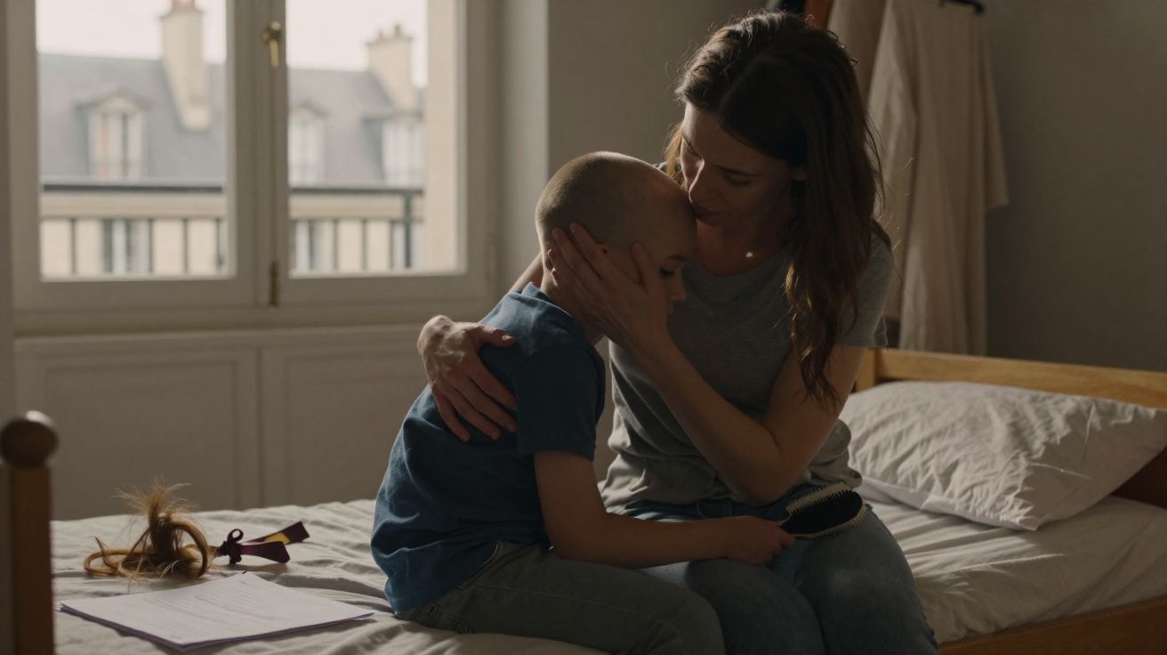 Mãe abraça e conforta filho careca sentado na cama, ao lado cabelo cortado e livros.