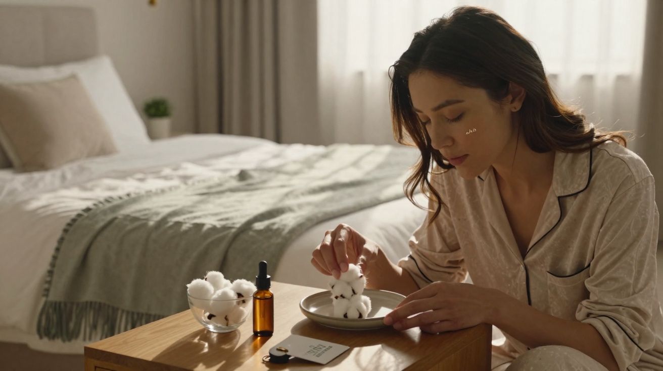 Mulher em pijama cuidando da pele com algodão em quarto com cama e luz natural.